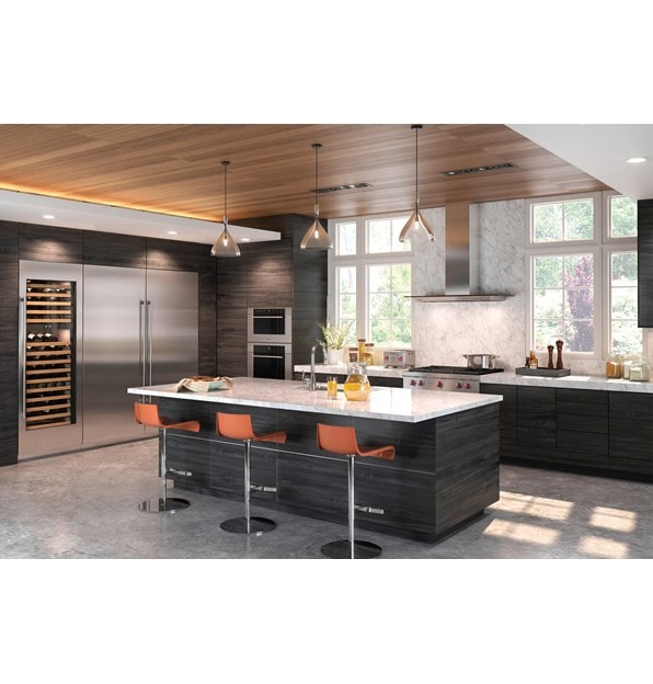 The Wolf 36" Cooktop Wall Hood - Glass (VW36G) shown centered on large textured backsplash between large windows in open kitchen design