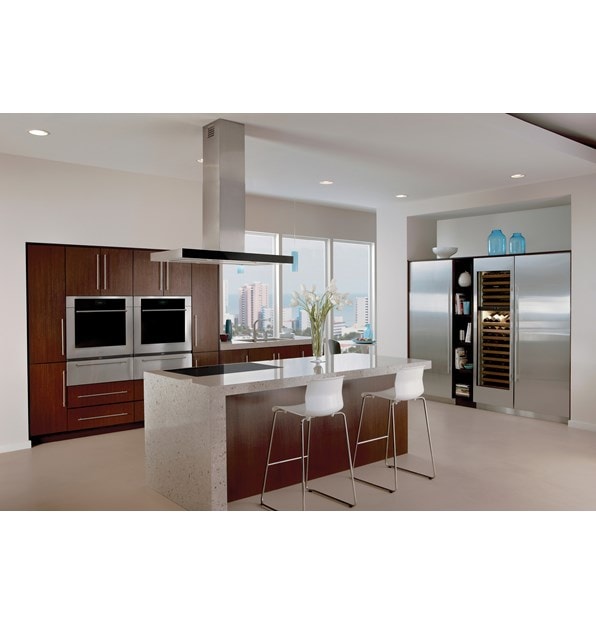 The Wolf 42" Cooktop Island Hood - Black (VI42B) displayed in modern kitchen featuring dark wood cabinetry and stainless-steel accents