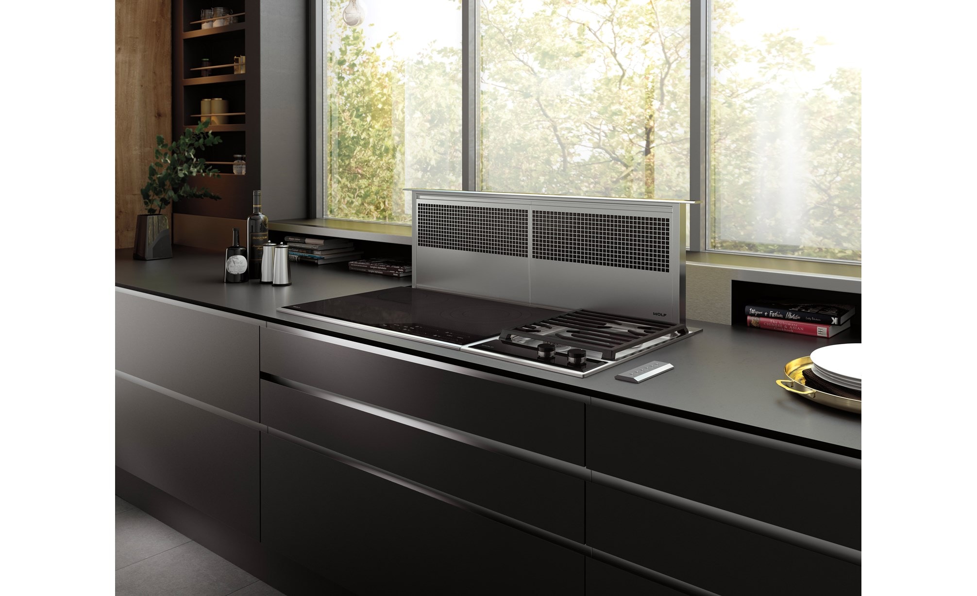 Wolf 45" Downdraft Ventilation (DD45) is the finishing touch for this ultra-modern kitchen design featuring smooth countertop and cabinets