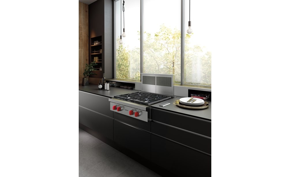 The Wolf 30" Downdraft Ventilation (DD30) featured with Wolf 30" Sealed Burner Rangetop - 4 Burners (SRT304) with signature red knobs
