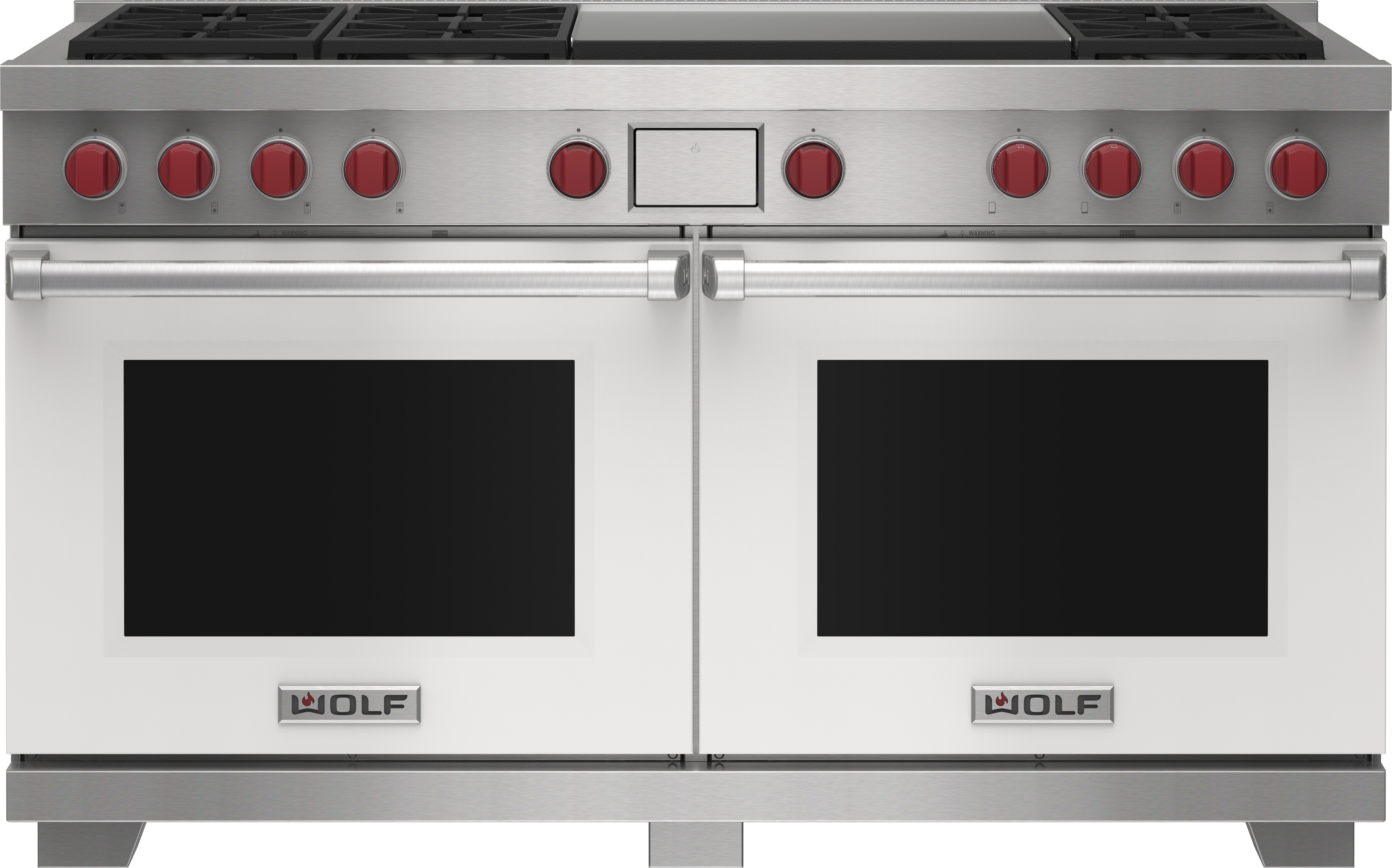 Wolf 60&quot; 6 Burner Dual Fuel Range with Infrared Dual Griddle (DF60650DG/WH/P) featuring white accent colored door and signature red Wolf knobs.