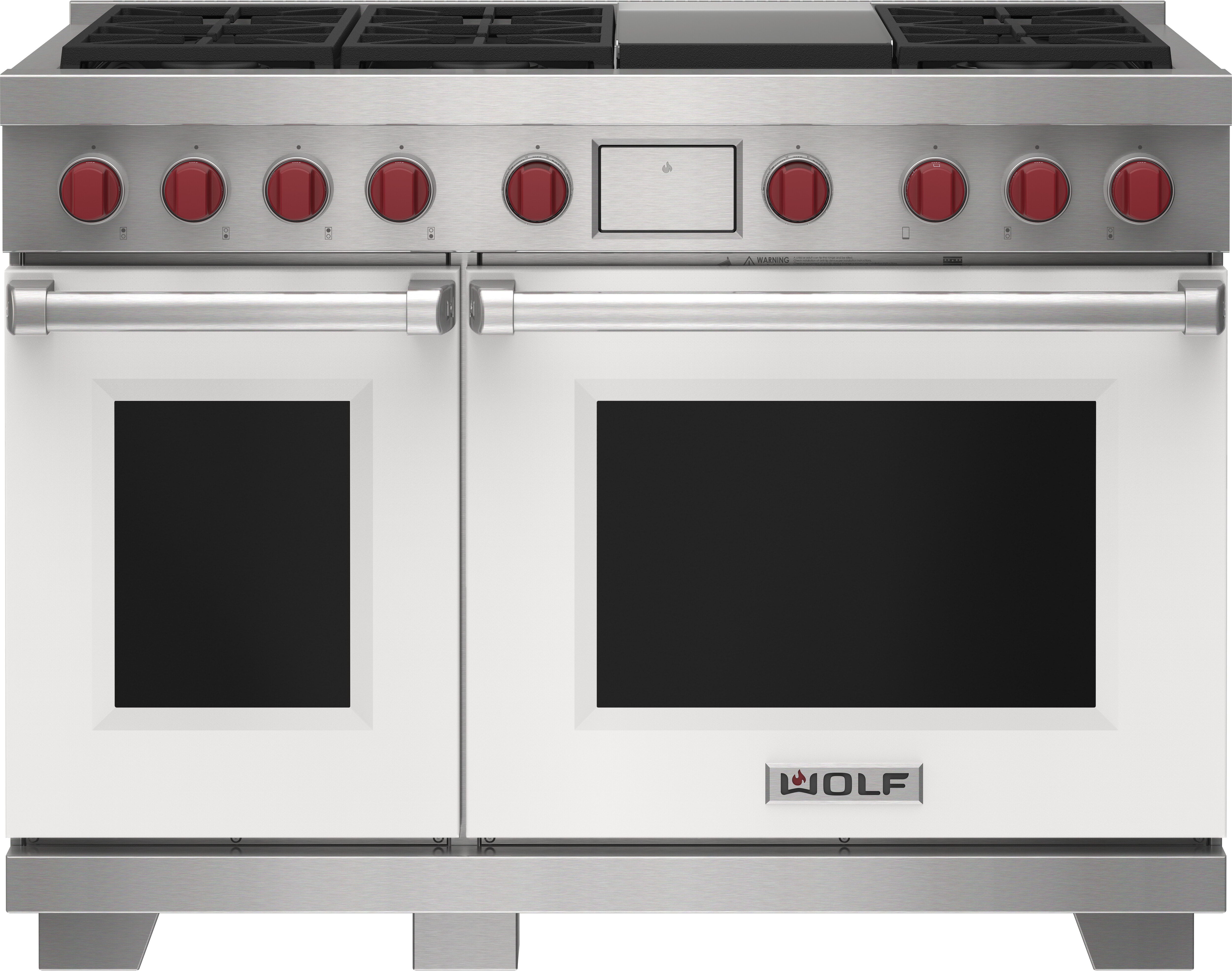 Wolf 48&quot; 6 Burner Dual Fuel Range with Infrared Griddle (DF48650G/WH/P) featuring white accent colored door and signature red Wolf knobs.