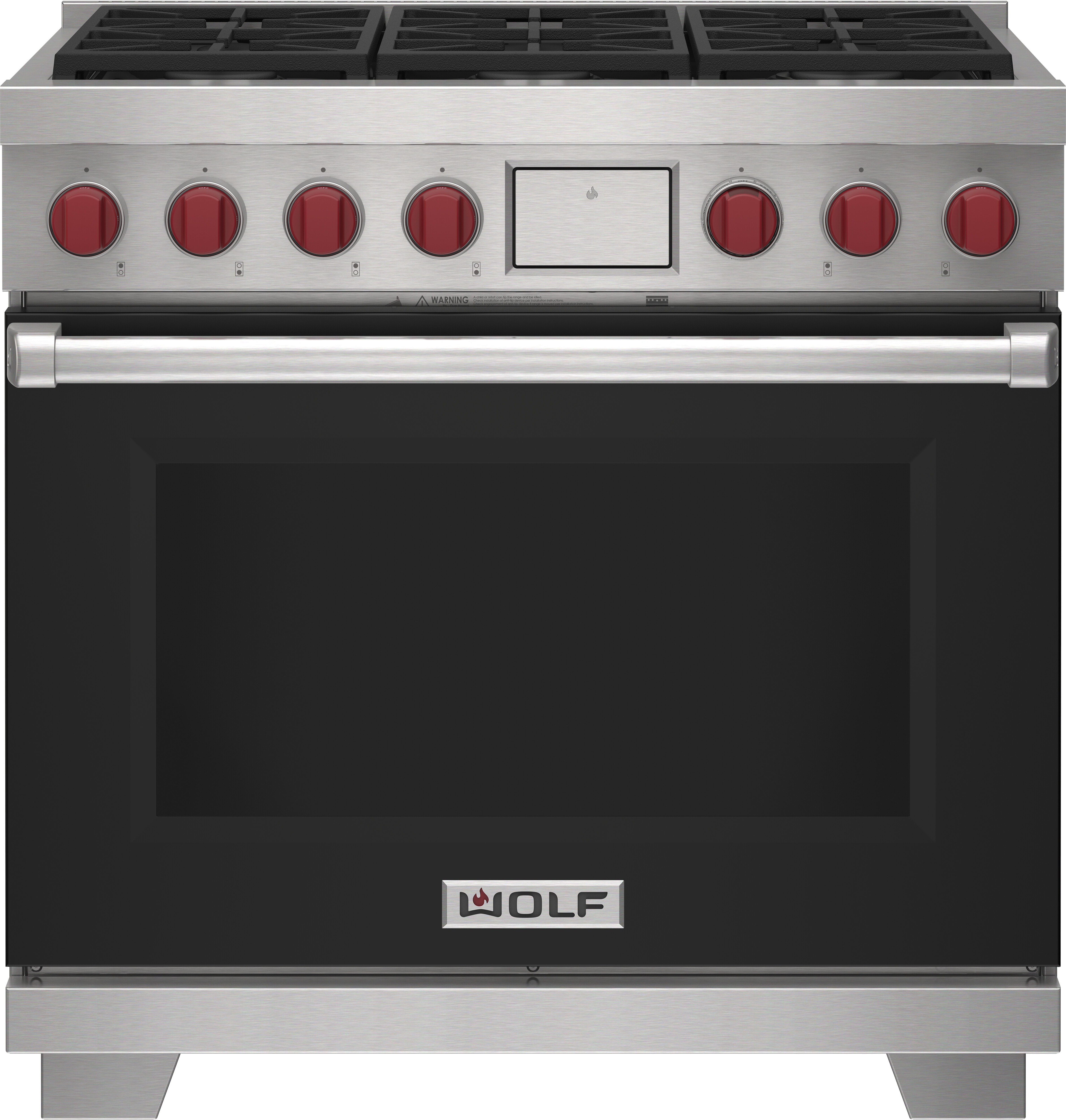 Wolf 36&quot; 6 Burner Dual Fuel Range (DF36650/BK/P) featuring black accent colored door and signature red Wolf knobs.