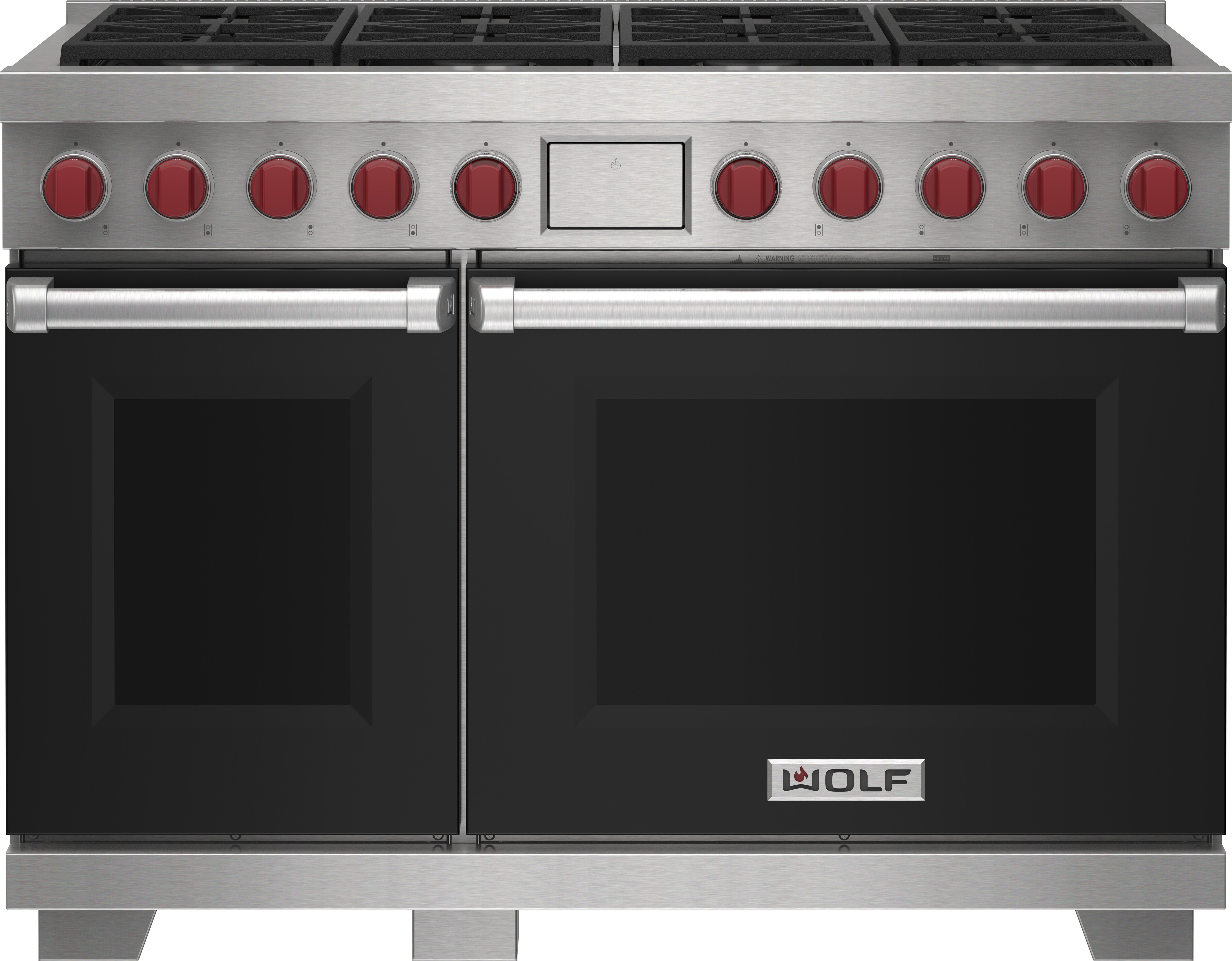 Wolf 48&quot; 8 Burner Dual Fuel Range (DF48850/BK/P) featuring black accent colored door and signature red Wolf knobs.