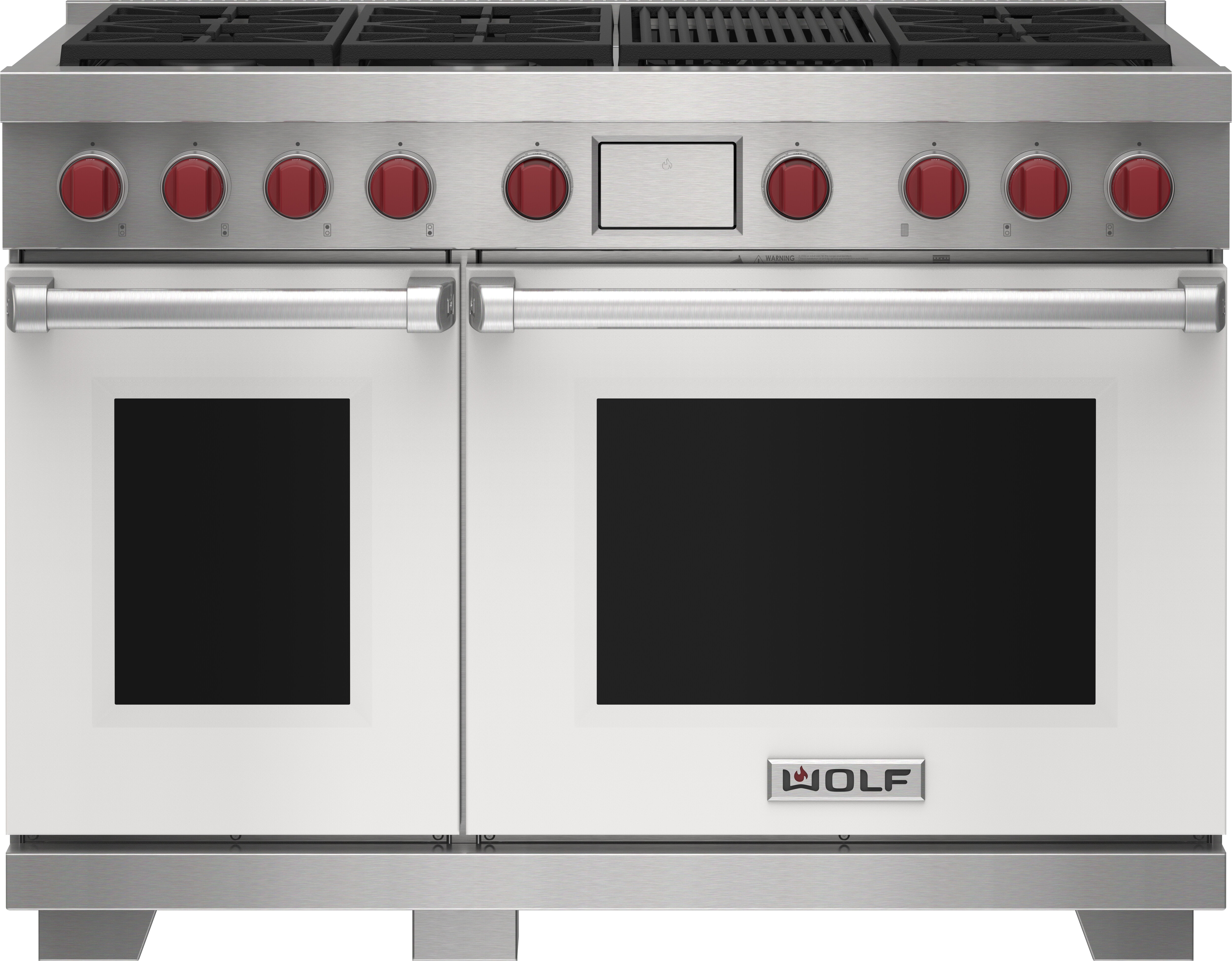 Wolf 48&quot; 6 Burner Dual Fuel Range with Infrared Charbroiler (DF48650C/WH/P) featuring white accent colored door and signature red Wolf knobs.
