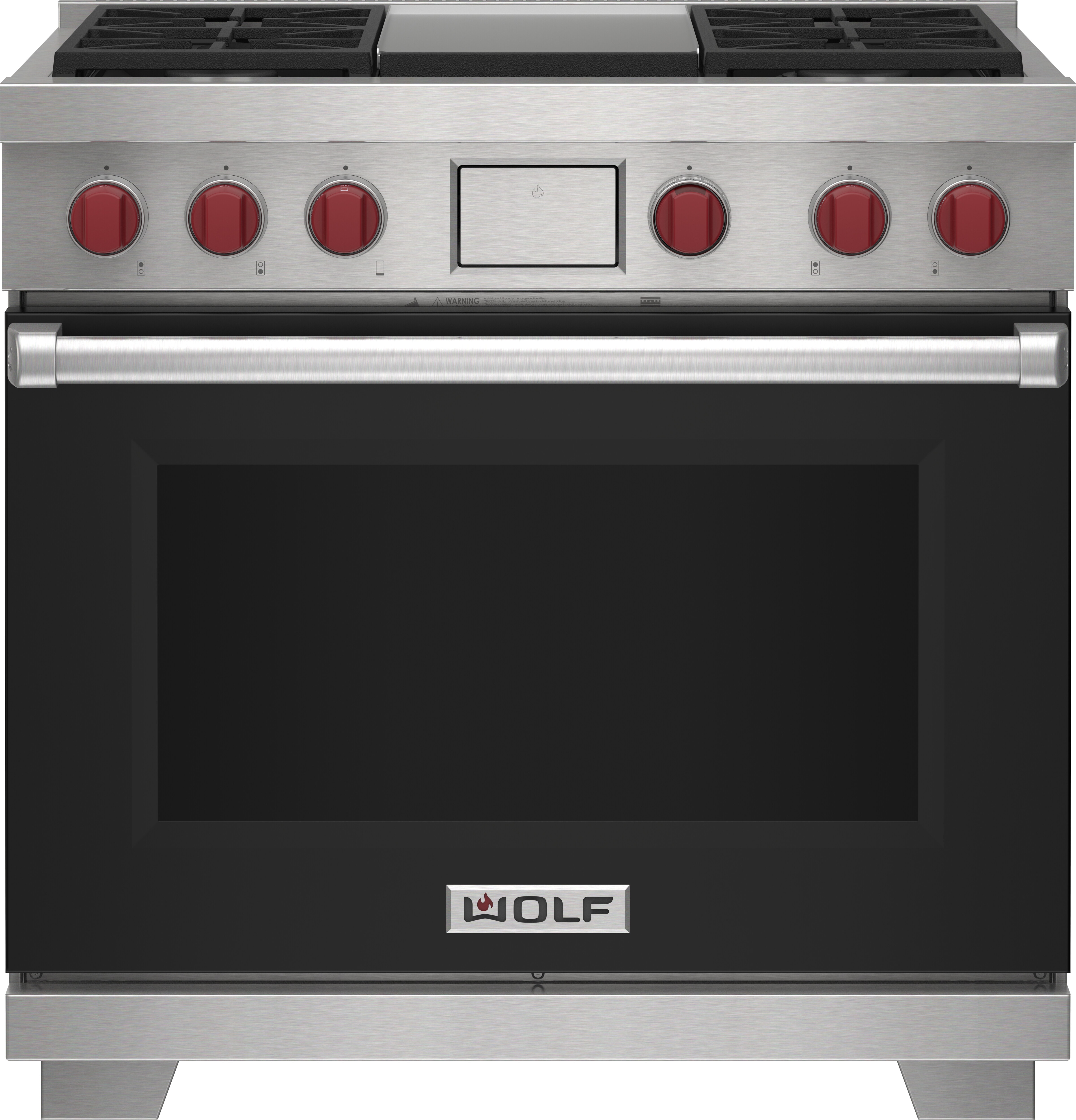 Wolf 36&quot; 4 Burner Dual Fuel Range with Infrared Griddle (DF36450G/BK/P) featuring black accent colored door and signature red Wolf knobs.