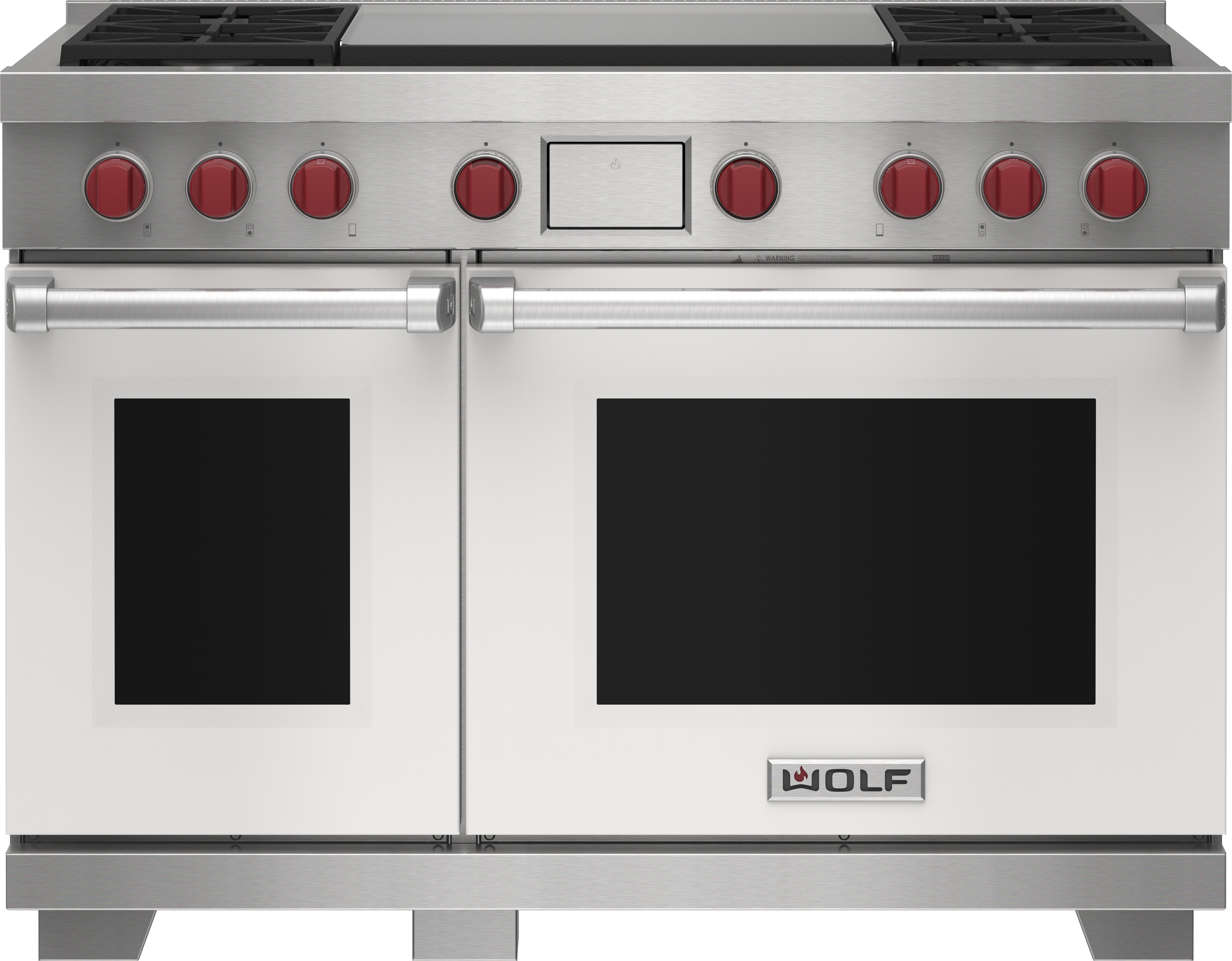 Wolf 48&quot; 4 Burner Dual Fuel Range with Infrared Dual Griddle (DF48450DG/WH/P) featuring white accent colored door and signature red Wolf knobs.