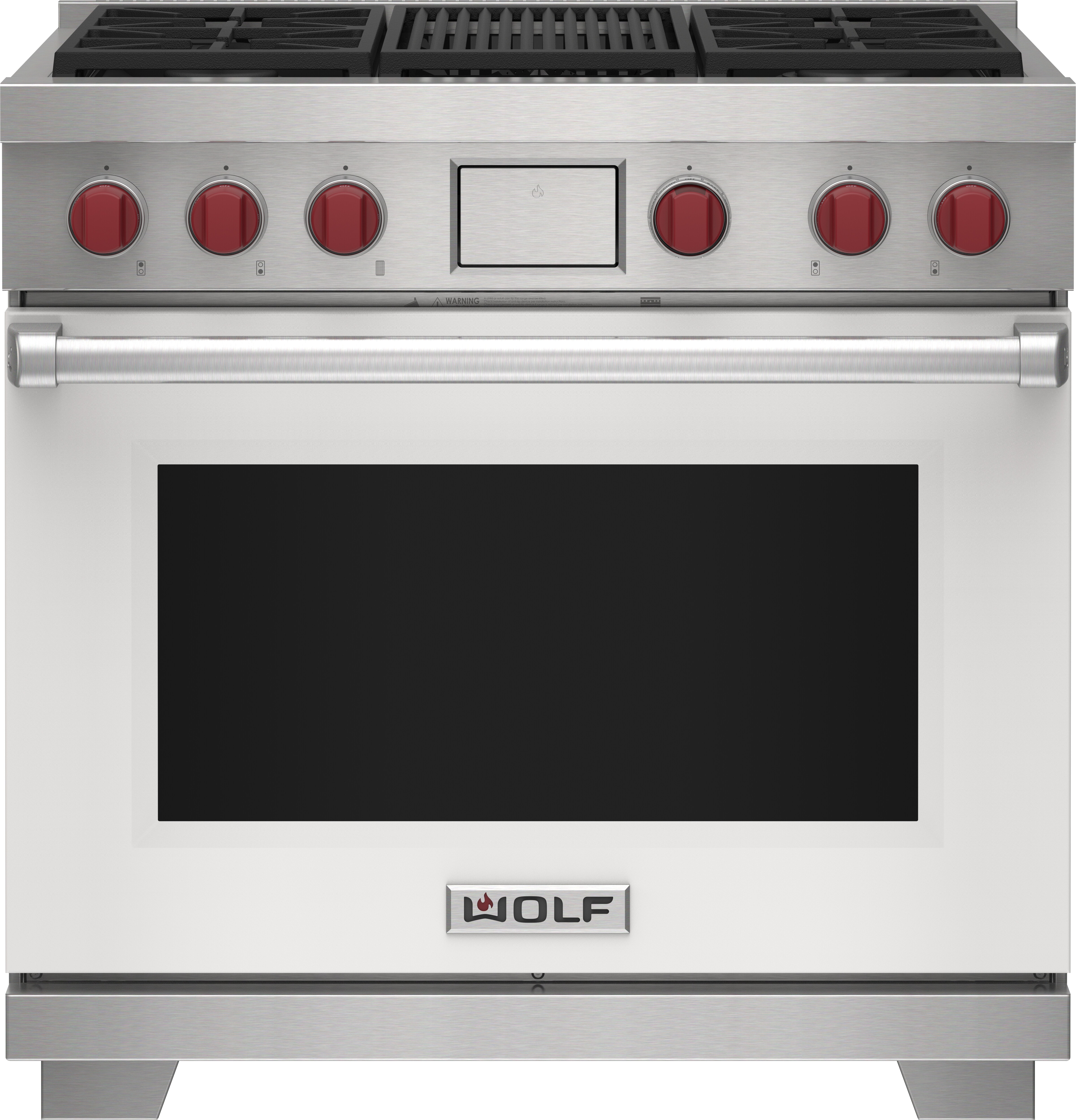 Wolf 36&quot; 4 Burner Dual Fuel Range with Infrared Charbroiler (DF36450C/WH/P) featuring white accent colored door and signature red Wolf knobs.