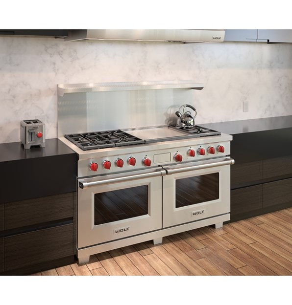 Wolf 60" Dual Fuel Range 6 Burner Infrared Dual Griddle (DF606DG) shown with Wolf Two-Slice-Toaster with Red Knob (WGTR102S)