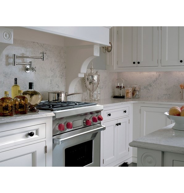 The Wolf 30" Dual Fuel Range 4 Burner (DF304) Cooktop shown beautifully integrated into a classic kitchen design.