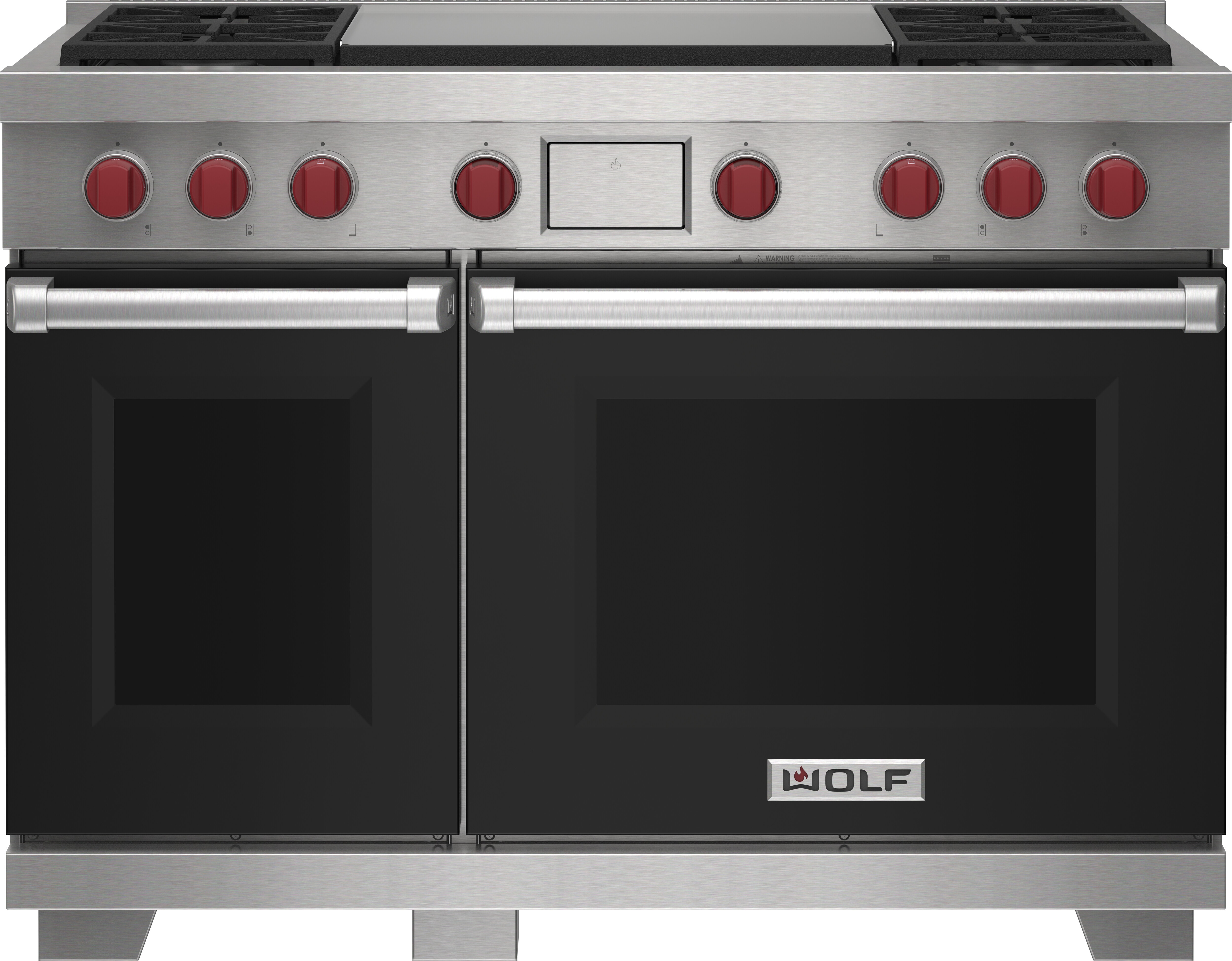 Wolf 48&quot; 4 Burner Dual Fuel Range with Infrared Dual Griddle (DF48450DG/BK/P) featuring black accent colored door and signature red Wolf knobs.