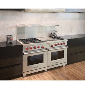 Wolf 60" Dual Fuel Range 6 Burner Infrared Dual Griddle (DF606DG) shown with Wolf Two-Slice-Toaster with Red Knob (WGTR102S)