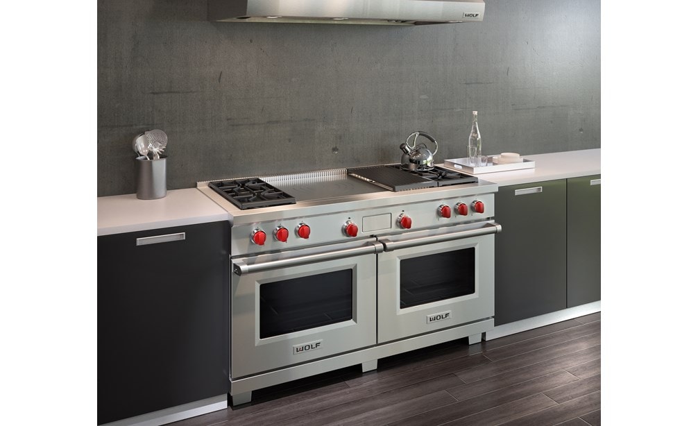 The Wolf 60" Dual Fuel Range 4 Burner Infrared Charbroiler French Top (DF604CF) visually satisfies when used with deep toned kitchen design