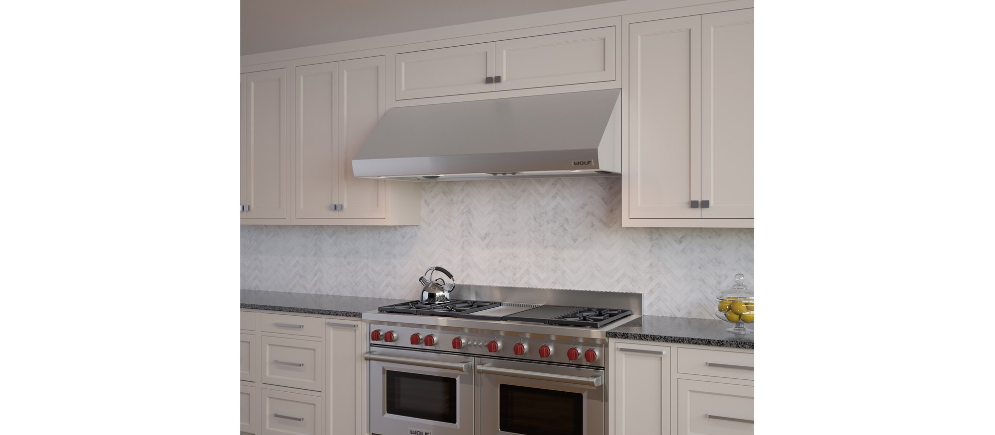 The Wolf 60" Gas Range 6 Burner Infrared Charbroiler Griddle (GR606CG) with Wolf 60" Pro Wall Hood - 27" Depth (PW602718)