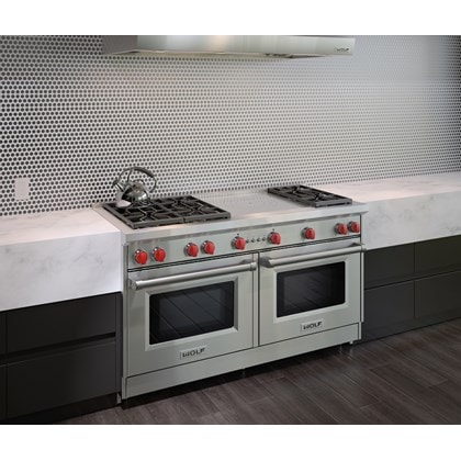 The Wolf 60" Gas Range 6 Burner French Top (GR606F) Rangetop with Wolf 60" Pro Wall Hood - 24" Depth (PW602418)