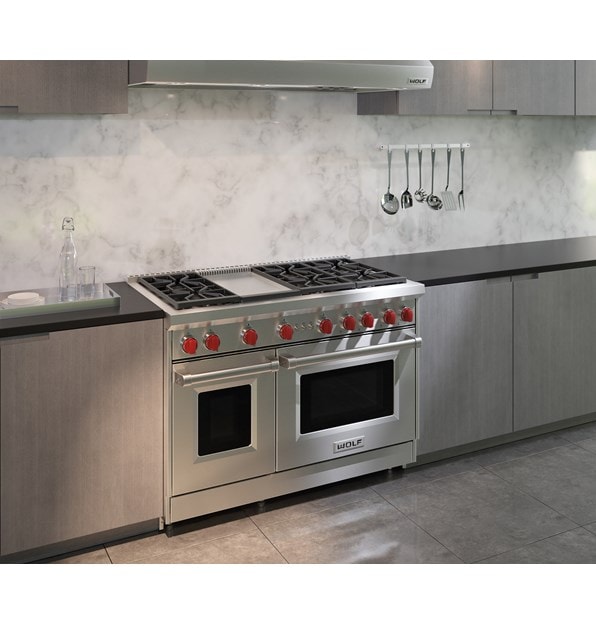 The Wolf 48" Gas Range 6 Burner Infrared Griddle (GR486G) Rangetop with Wolf 48" Pro Wall Hood - 24" Depth (PW482418)