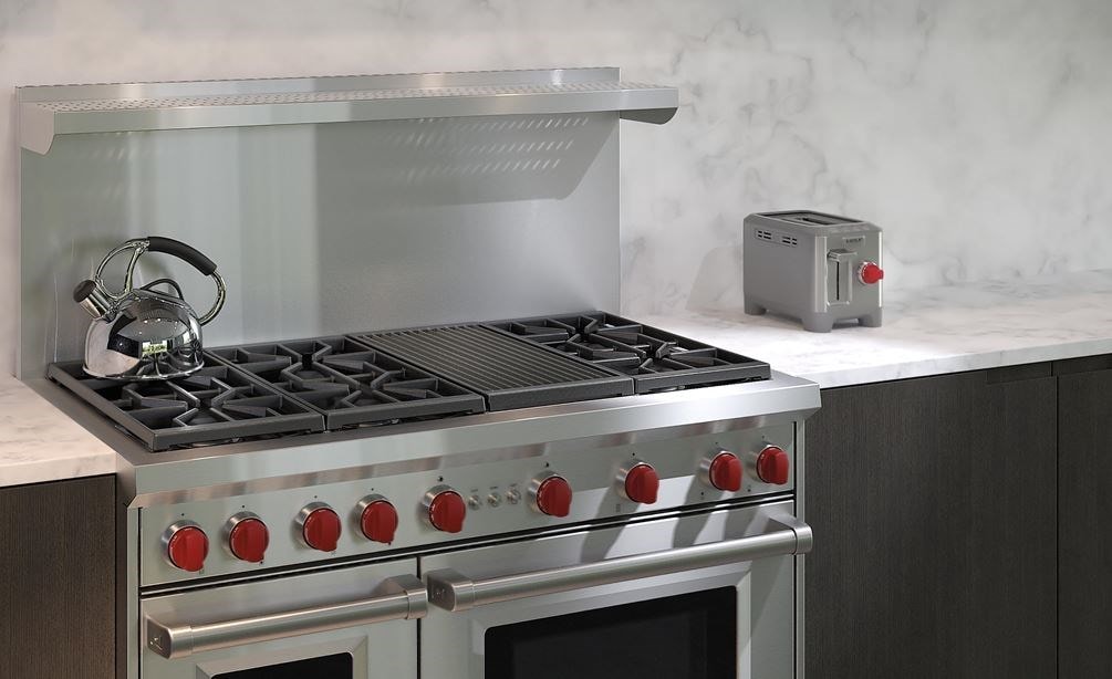 The Wolf 48&quot; Gas Range 6 Burner Infrared Charbroiler (GR486C) with Wolf 48&quot; Pro Wall Hood - 24&quot; Depth (PW482418)