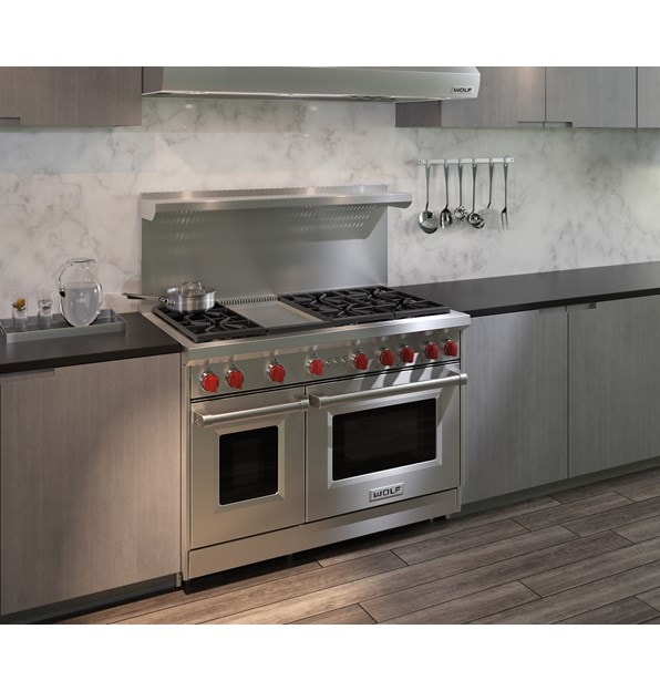 The Wolf 48" Gas Range 6 Burner Infrared Griddle (GR486G) Rangetop with Wolf 48" Pro Wall Hood - 24" Depth (PW482418)