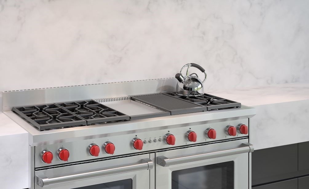 The Wolf 60&quot; Gas Range 6 Burner Infrared Charbroiler Griddle (GR606CG) with Wolf 60&quot; Pro Wall Hood - 24&quot; Depth (PW602418)