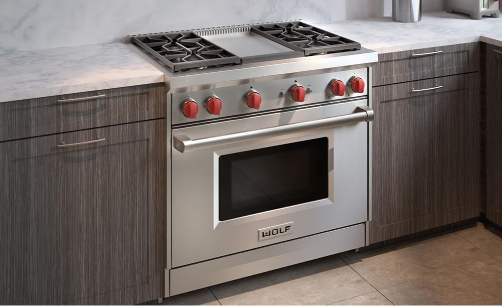 The Wolf 36&quot; Gas Range 4 Burner Infrared Griddle (GR364G) shown with its stainless steel construction and classic brushed finish.