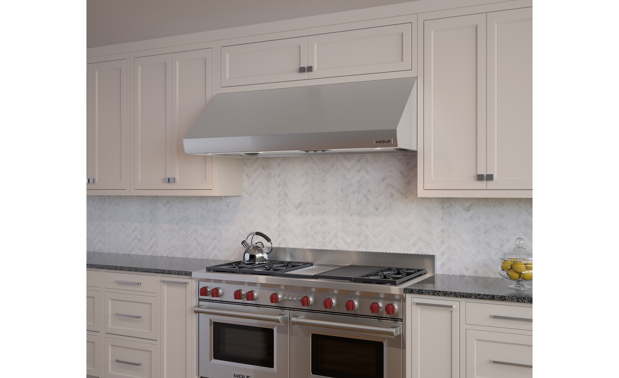 The Wolf 60" Gas Range 6 Burner Infrared Charbroiler Griddle (GR606CG) with Wolf 60" Pro Wall Hood - 27" Depth (PW602718)