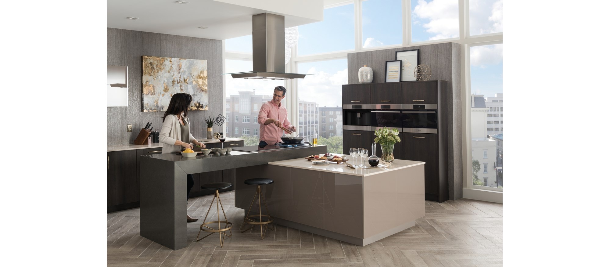 Wolf 45" Glass Cooktop Island Hood over a Wolf 30" Induction Cooktop